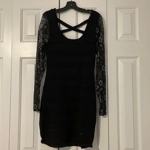 black sparkle homecoming dress with floral sleeve detail